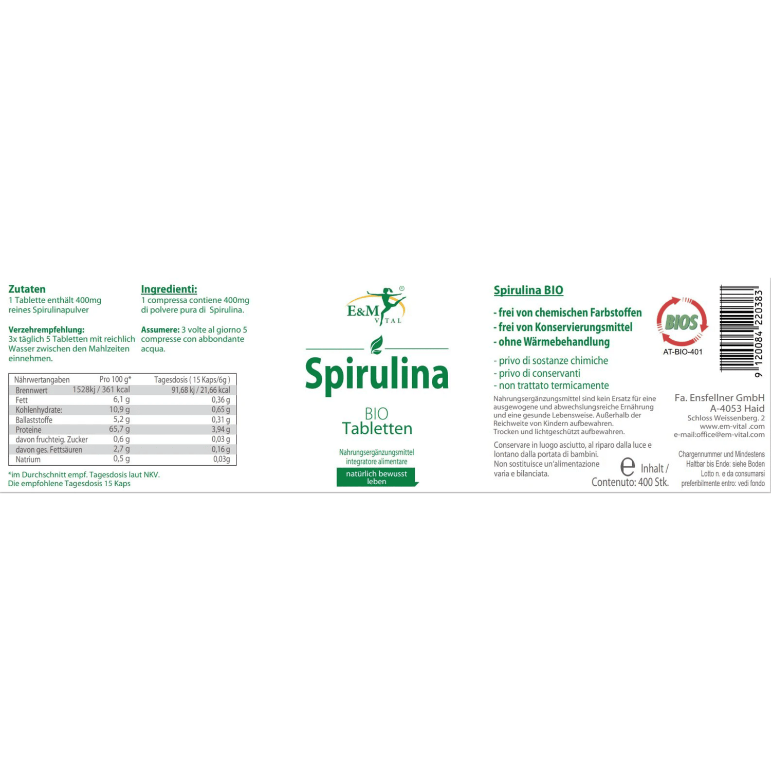 E&M BIO Spirulina Tabs 400Stk